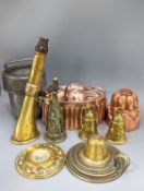 Miniature metalware including horn and two jelly moulds, brass horn, etc.