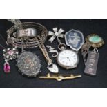 A silver fob watch, a late Victorian silver oval locket and other items of minor jewellery.