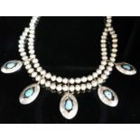 A 20th century South American? white metal and turquoise set drop necklace, approx. 44cm, gross