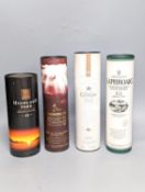 Four assorted single malt whiskies including Laphroaig 10 year old, Ardmore, Clynelish 14 year old