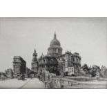Sir Henry Rushbury RA (1889-1968), dry point etching, View of St Paul's during the Blitz, signed