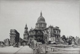 Sir Henry Rushbury RA (1889-1968), dry point etching, View of St Paul's during the Blitz, signed