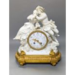 A late 19th century ormolu mounted Naples white porcelain mantel clock,the floral enamelled dial