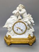 A late 19th century ormolu mounted Naples white porcelain mantel clock,the floral enamelled dial