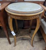 A French caned giltwood circular centre table with reconstituted marble top, diameter 55cm, height