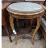 A French caned giltwood circular centre table with reconstituted marble top, diameter 55cm, height