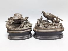 After Moigniez, a pair of early 20th century bronze bird groups of pheasants and partridges 18cm
