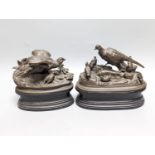 After Moigniez, a pair of early 20th century bronze bird groups of pheasants and partridges 18cm