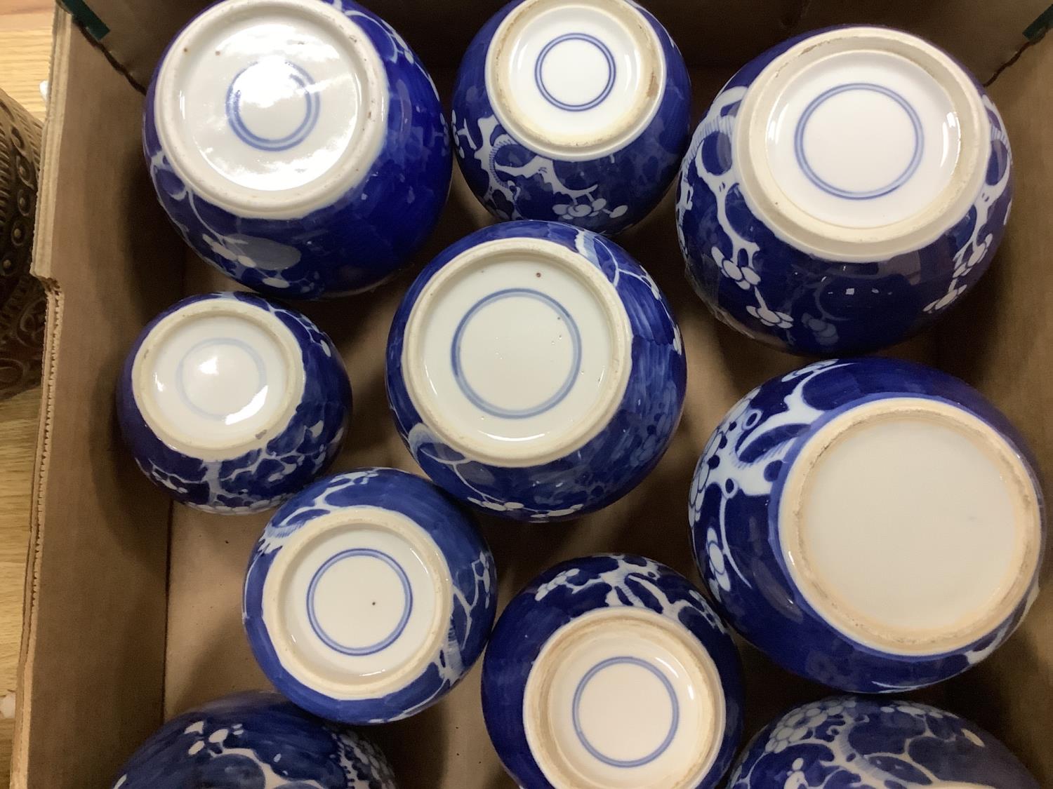 Fourteen Chinese blue and white 'prunus' jars, some with covers - Image 5 of 5