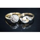 An 18ct & plat, diamond cluster ring, size L/M, gross 2.9 grams and one other 9ct ring(a.f.),