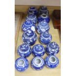 Fourteen Chinese blue and white prunus jars some with covers