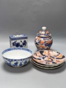 A 19th century Chinese porcelain bowl, transfer printed pillow, a Japanese Imari jar and cover and