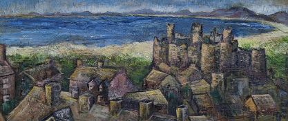 R. Robinson, oil on board, Coastal landscape with castle, 39 x 90cm