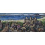 R. Robinson, oil on board, Coastal landscape with castle, 39 x 90cm