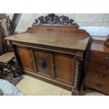 A Victorian oak side cabinet, length 150cm, depth 62cm, height 130cm