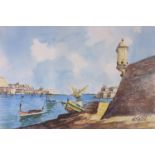 C. Galea, watercolour, Grand Harbour, Malta, signed, 17 x 25cm