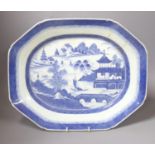 A 19th century Chinese Export blue and white octagonal meat dish, decorated with a lake scene,W
