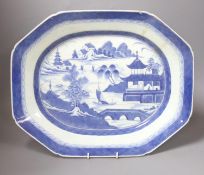 A 19th century Chinese Export blue and white octagonal meat dish, decorated with a lake scene,W