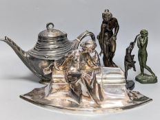 A WMF pewter teapot, an early 20th century bronze of Venus with dolphin, 2 other figures and a WMF