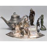 A WMF pewter teapot, an early 20th century bronze of Venus with dolphin, 2 other figures and a WMF