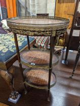 A 19th century French parquetry inlaid gilt metal mounted three tier etagere, width 40cm, depth