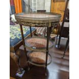 A 19th century French parquetry inlaid gilt metal mounted three tier etagere, width 40cm, depth