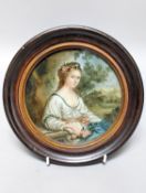 A 19th century circular reverse painting on glass, 'Lady holding roses', framed 19cm incl frame