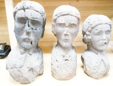 Three red sandstone busts of two ladies and a gentleman, 41cm