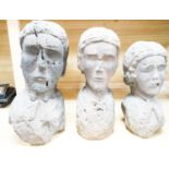 Three red sandstone busts of two ladies and a gentleman, 41cm