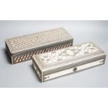 Two 19th century Indian ivory and sadeli work veneered sandalwood glove boxes (af)