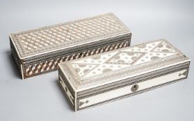 Two 19th century Indian ivory and sadeli work veneered sandalwood glove boxes (af)