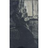William Lee Hankey (1869-1952), drypoint etching, Interior with mother and child, signed in