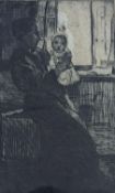 William Lee Hankey (1869-1952), drypoint etching, Interior with mother and child, signed in