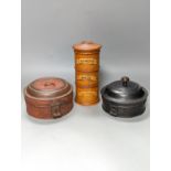 Two toleware spice box and cover and a reproduction compartmental spice box 22cm