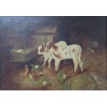 MG, 1909, oil on canvas, Cows and chickens in a stable, signed and dated, 24 x 34cm