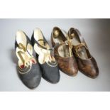 A pair of black silk and gold kid leather 1930's evening shoes and a similar pair of lizard and