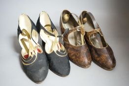 A pair of black silk and gold kid leather 1930's evening shoes and a similar pair of lizard and