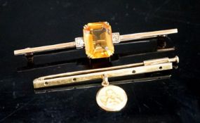 A yellow metal, single stone citrine and two stone diamond set bar brooch, 56mm and one other with