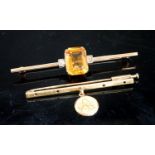 A yellow metal, single stone citrine and two stone diamond set bar brooch, 56mm and one other with