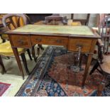 An Edwardian satinwood banded mahogany three drawer writing table, width 99cm, depth 53cm, height