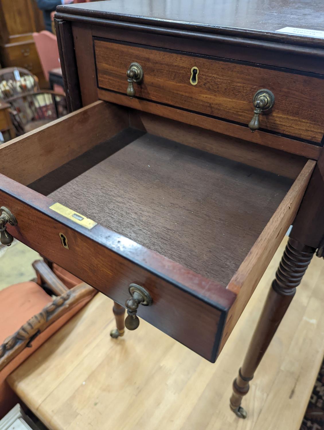 A Regency mahogany drop flap work table, the drawers with brass pear drop handles, width 37cm, depth - Image 4 of 5