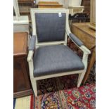 A pair of painted upholstered open armchairs, width 60cm, depth 50cm, height 91cm