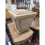 A painted pine sarcophagus shaped coal box with stepped cover, width 43cm, depth 43cm, height 44cm