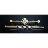 An Edwardian 15ct, peridot and diamond set bar brooch, 49mm, gross weight 4.4 grams and a yellow