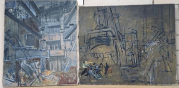 Henry James Neave (1911-1971), two unfinished oil on canvas sketches, Harbour scene and Construction