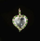 An early 20th century gold, moonstone, diamond and green garnet set heart shaped pendant,the heart