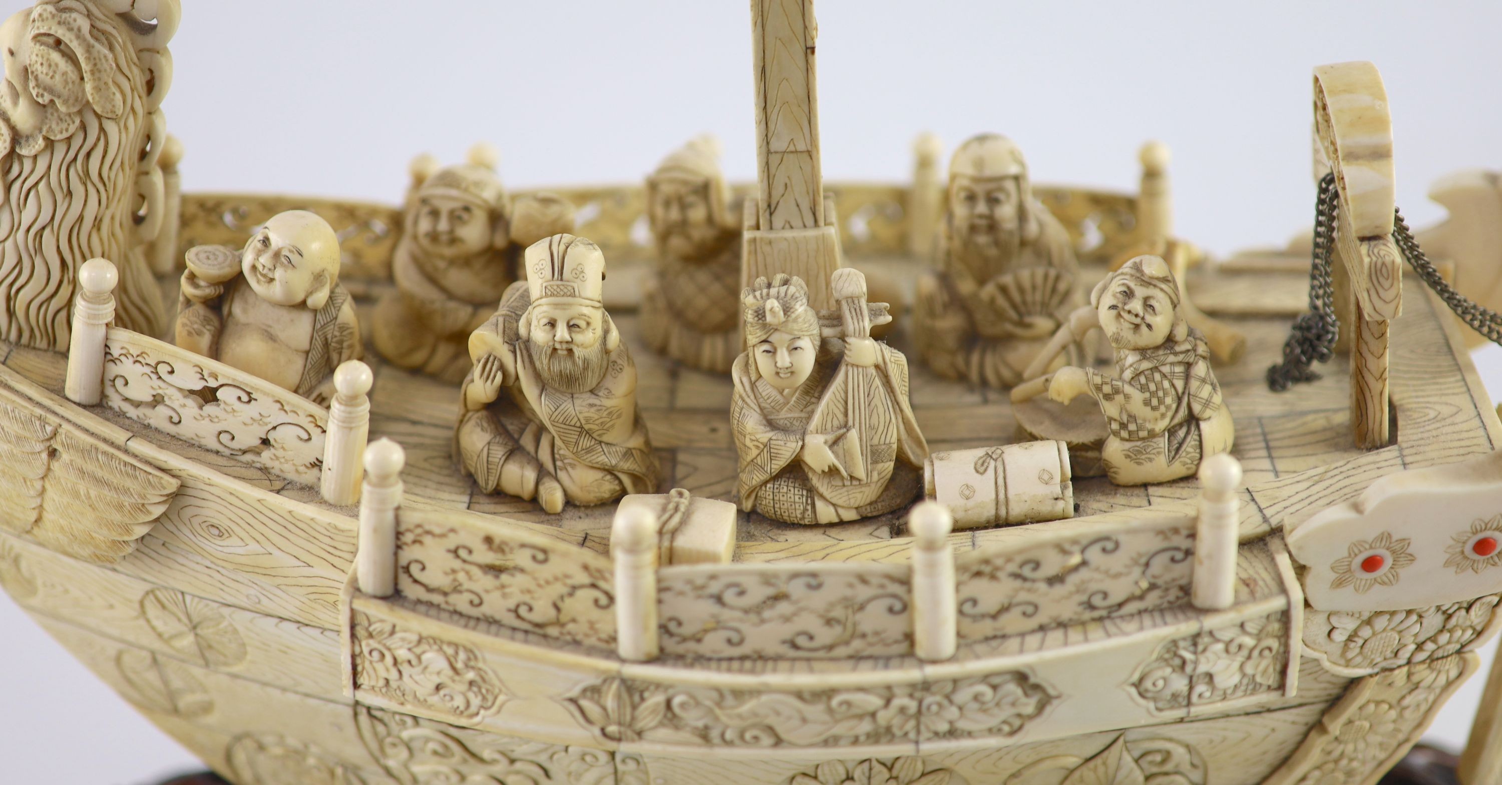 A large Japanese ivory okimono of the seven Gods of Happiness treasure ship the Takarabune, early - Image 2 of 9