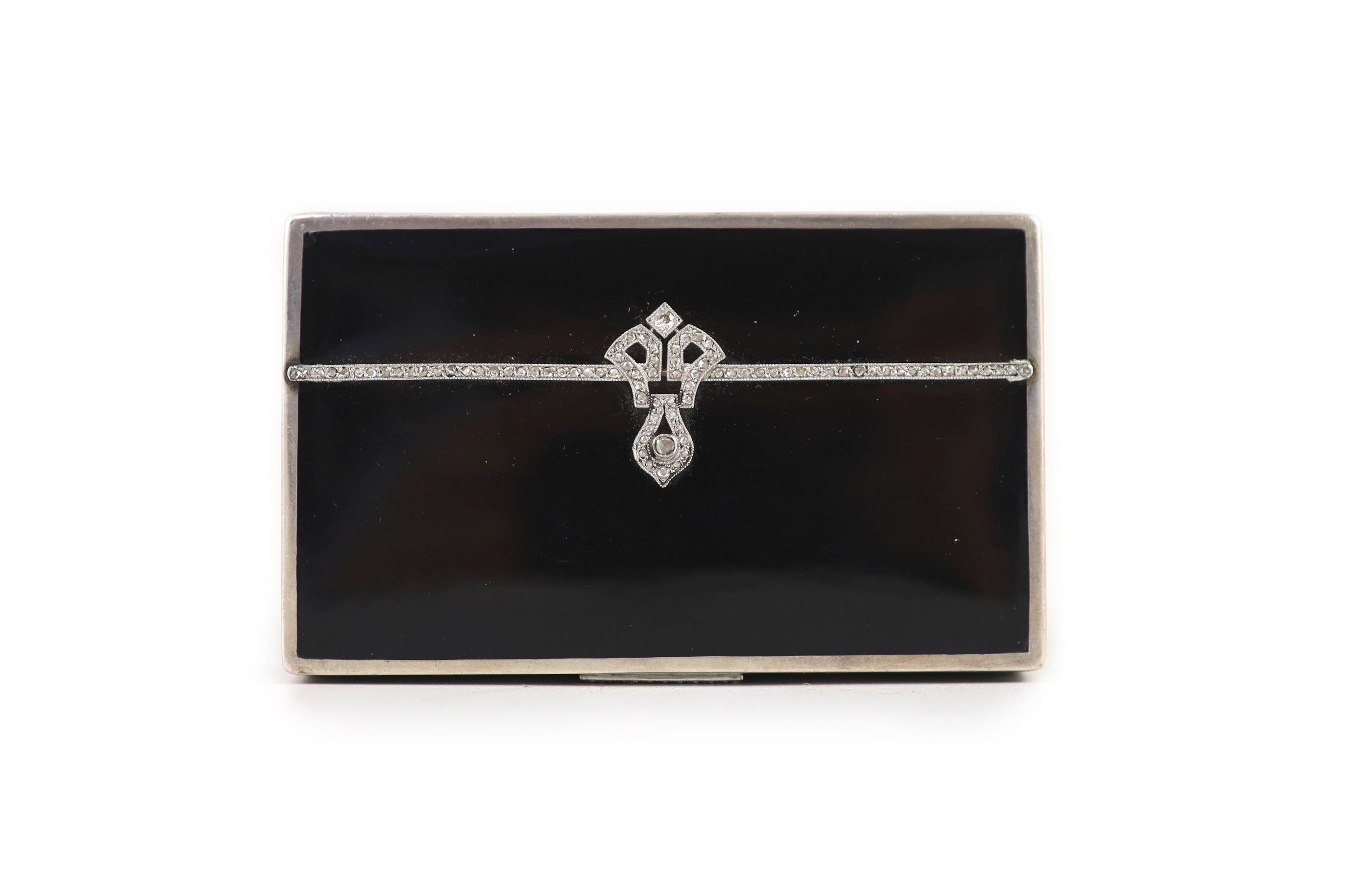 A 1930's silver, black enamel and rose cut diamond set rectangular snuff box, by S.J. Rose & Son,