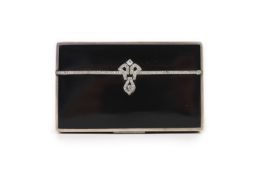 A 1930's silver, black enamel and rose cut diamond set rectangular snuff box, by S.J. Rose & Son,