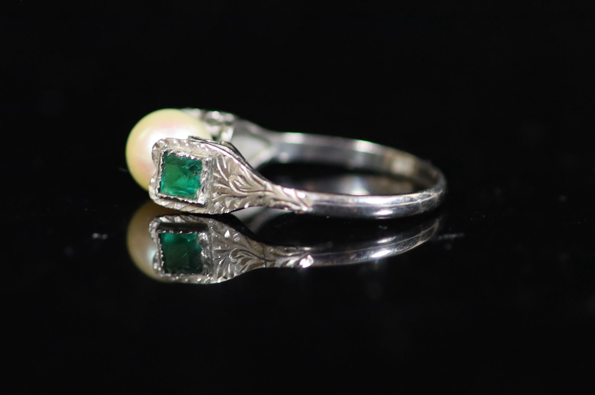 A mid 20th century white gold, cultured pearl and emerald set three stone ring,size N, gross 2 - Image 2 of 3